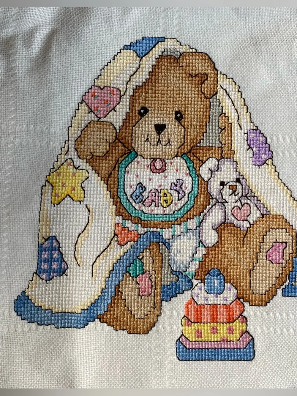Vintage Handmade Cross Stitch Teddy Bear Baby Blanket Afghan White Fringed